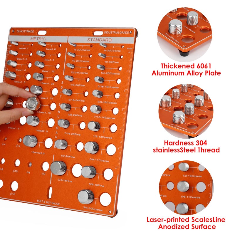 EVERKEEN Thread Nut Bolt Checker, metric Size Gauge, 42 Bolt and Nut Gauge, Identifier Standard and metric, Bolt Size Finder with 19 Standard & 15 Metric Bolt & 8 Drill Bit, wall mount measuring screw - Image 2
